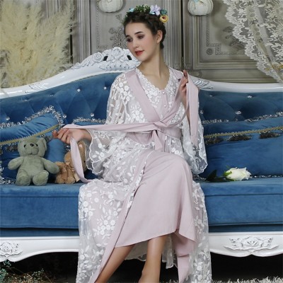 2019 Women Sexy Lace Silk Robe Gown Set Sleep Dress Bathrobe Two Piece 6 color Robe Bridesmaid Wedding Sleepwear Homewear