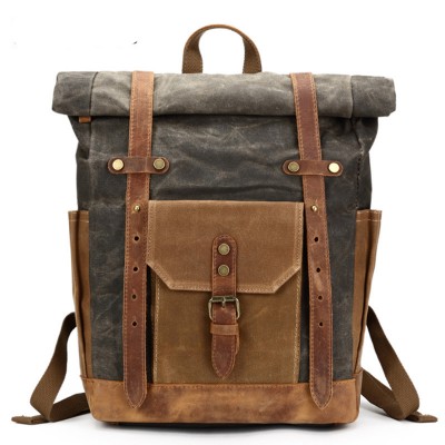 Travel Mens Backpack Camera Bag Retro Genuine Leather Canvas Bag Portable Waterproof Backpack Shoulder Wax