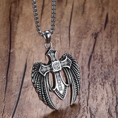 Mens Necklaces Gothic Wing White Crystal Cross Pendant Necklace Punk Rock Vintage Stainless Steel Men Jewelry Colar