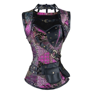 Purple Plus Size Leather Gothic Clothing Sexy Women Vintage Retro Steel Boned High Neck Steampunk Corset With Jacket And Pouch