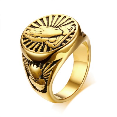 Vintage Mens Religious Praying Hands Signet Ring in Gold Tone Stainless Steel Jewellery Male Ring for Men Jewelry Anel Aneis