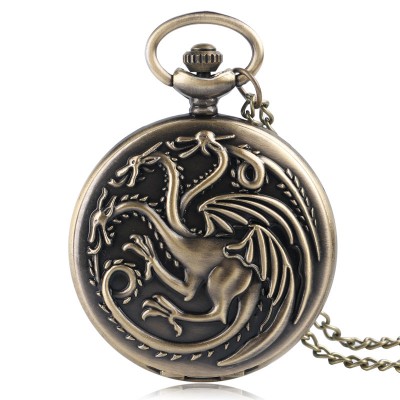 Retro Bronze Game of Thrones Theme Quartz Pocket Watch Family Crests House Targaryen Drogan Design Fob Watches Necklace Chain