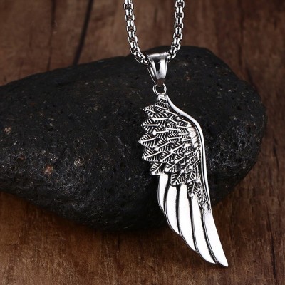 Men Choker Stainless Steel Vintage Gothic Feather Angel Wing Pendants Necklace Silver Tone Kettingen Kolye Jewelry 24