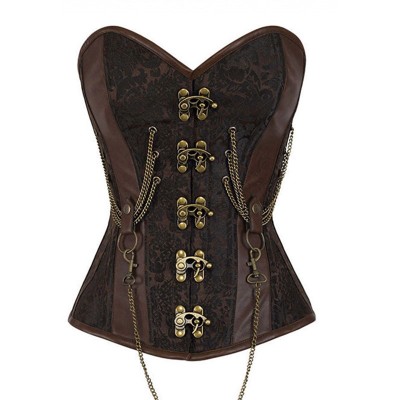 Sexy Gothic Corsets Brown Vintage Steel Bone Steampunk Leather Corset Sexy Slimming Waist Cincher Body Shapewear With Thong