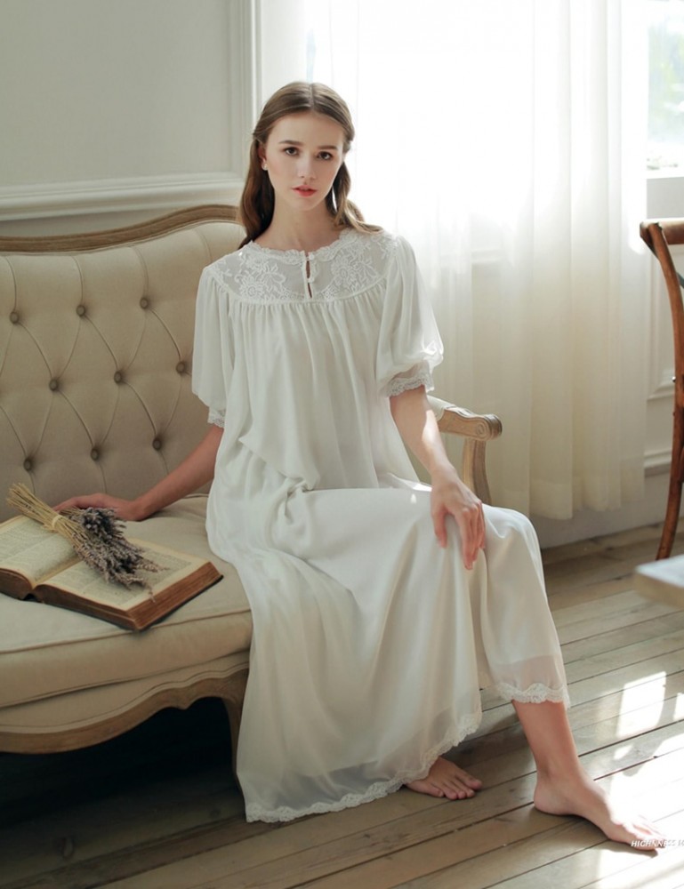 High Quality Sleepwear Nightgown White Short Sleeve Summer Nightdress