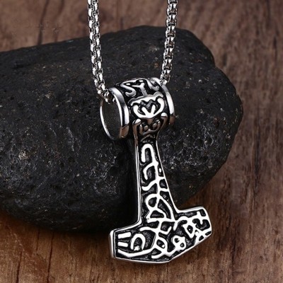 Men Choker Necklaces Gothic Thor Hammer Stainless Steel  Mens Pendants Colar Vikings Punk Jewelry 24 Inch Popcorn Chain New Year