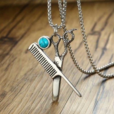 Hair Stylist Scissors with Comb Pendant Necklace for Men Women Barbershop Hairdresser Salon Gift Jewelry 24 Inch