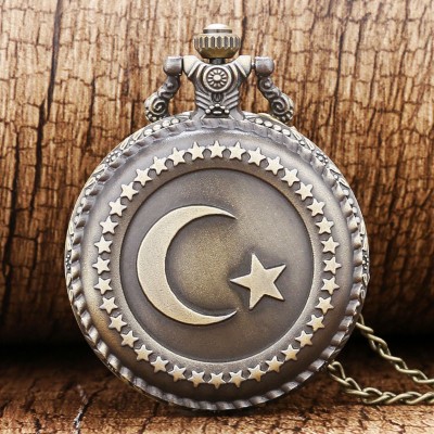 Bronze Turkey Flag Design Moon Star Circle  Quartz Antique Pocket Watch for Men and Women Free Shipping