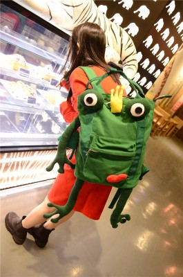 The Frog Prince Crown Green Handmade Canvas Backpacks Shoulder Bags Personality Funny Original Backpacks Candy Color Bags