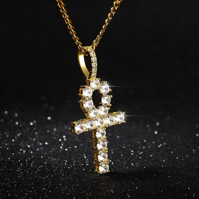 Iced Out Crystal Zircon Cross Necklace Stainless Steel Key of Life Pendant Necklaces Gold Chain Punk Jewelry Collier Bijoux