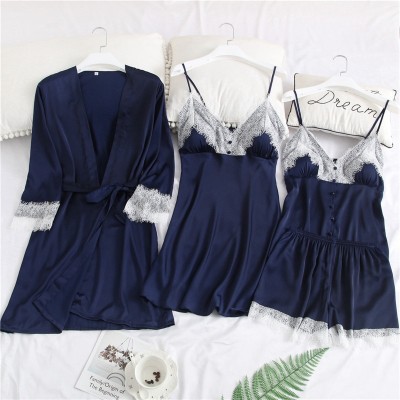 New Satin 4PCS Cami Shorts Robe Nighty Home Wear Women Pajamas Suit Casual V-Neck Sleepwear Set Sexy Nightwear M-XXL