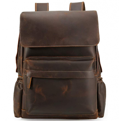 Cool Retro 15.6 Inch Mens Genuine Cowhide Leather Laptop Backpack Large Capacity Travel Bag Schoolbag Bookbag Daypack