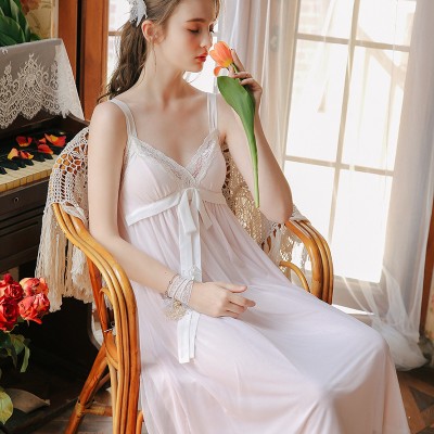 Sleeveless Nightgown Long Dress Sexy Princess Woman Sleepwear Vintage Lace Sweet Nightgown Summer Women Nightwear Bow-knot