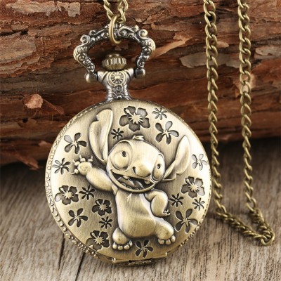 Brozne Cute Lilo  Stitch Theme Pocket Watch for Children Pendant Necklace Chain Quartz Pocket Clock Gifts for Boys Girls