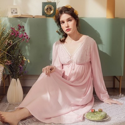 Lady Sexy Nightgown Long Nightdress Pink Lace Cotton Viscose Nightgown V-neck Classic Sleepwear Dress For Women  Size S - 4XL