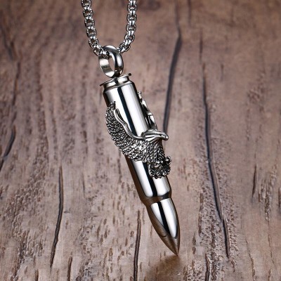 Fashion Mens Stainless Steel Flying Eagle Bullet Pendant Necklace Men Boys Punk Rock Hiphop Vintage Jewelry with Chain colar