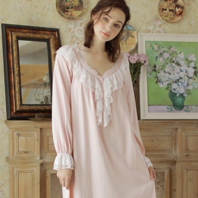 Nightgown Women Cotton Vintage Night Dress Pink Sleepwear Long Long Sleeve Dress Homewear Goddess Nightdress V Neck