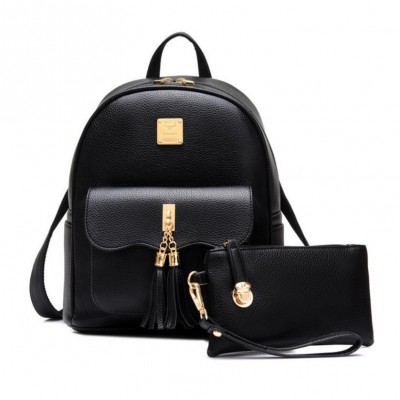 Black bag set women leather backpack girl schoolbag cute small tassel bag ladies stylish backpack mini bags for girls gift