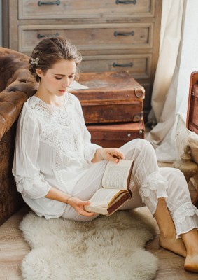 Elegant Women Pajamas Sets Cotton Pants Summer Half Sleeve White Lace Home Clothes Plus Size Sleepwear European Palace Style