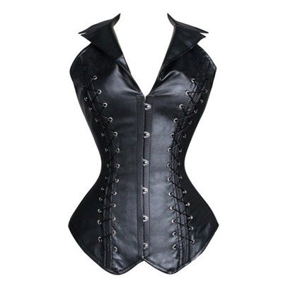 Steam Punk Faux Leather Corset Gothic Women Slimming Waist Trainer Corsets Top Black Red Turn-Down Collar Corsetto Sexy