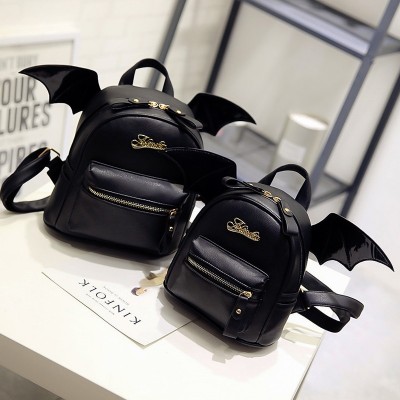 Black PU Leather Backpack with Wings Women Bat Wings Shoulder Bag Teenage Girls Boys Mini Black Bag New Fashion Small Rucksack