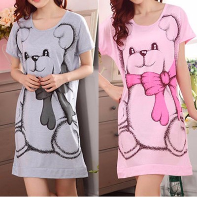 Summer Womens Nightgowns Short-sleeve Dress Cute Cartoon Bear Printed Sleepshirts