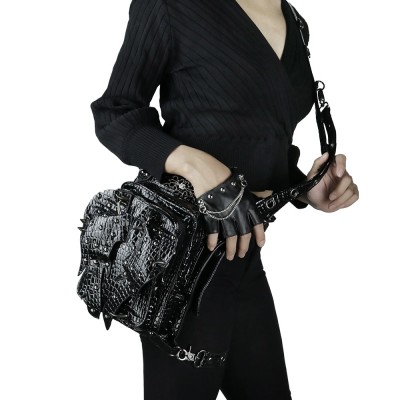 Fashion Gothic Patent Leather Waist Bag Steampunk Retro Rock Rivets Bag Women Black Bright PU Bags Men Motorcycle Leg Bag