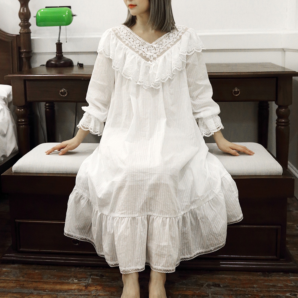 Women Lolita White Retro Sleepwear Ruffle Lace Nightdress Nightwear Dress Casual 