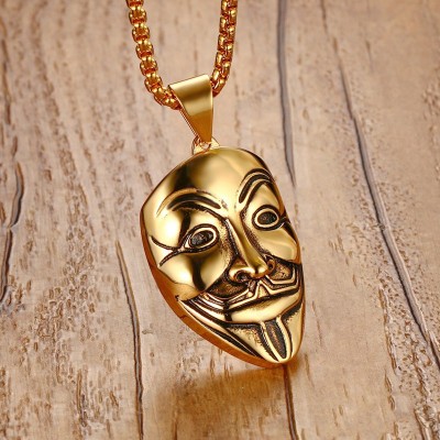 Mprainbow Mens Necklaces Stainless Steel V For Vendetta Mask Pendant Necklace Gold Tone Fashion Jewelry For Women or Men Collier