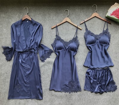 Sexy Womens Robe Gown Sets Lace Bathrobe + Night Dress 4 Four Pieces Sleepwear Womens Sleep Set Faux Silk Robe Femme Lingerie