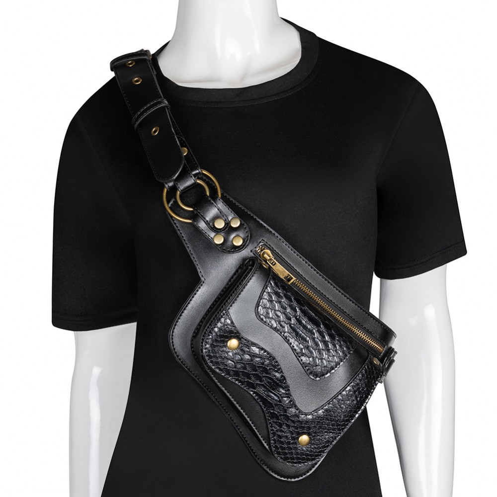 Punk PU Leather Waist Bags Gothic Rivet Black Fanny Packs Steampunk Handbag