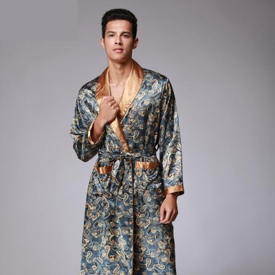 Mens Summer Dragon Print Silk Robes Male Senior Satin Sleepwear Satin Pajamas Long kimono Dressing Gown Bathrobe For Men