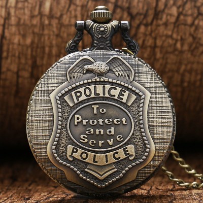 Vintage Bronze police to protect and serve Pocket Watches Women Men Laides Kids Steampunk Pocket Watch with Chain Pendant