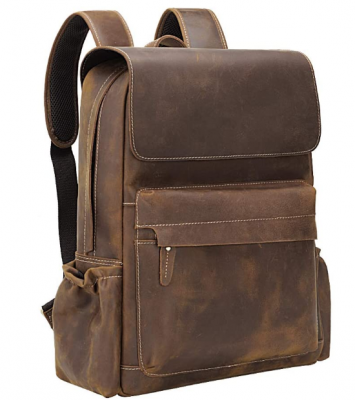 Cool Retro 15.6 Inch Genuine Cowhide Leather Laptop Backpack Large Capacity Travel Bag Schoolbag Bookbag Daypack for Men