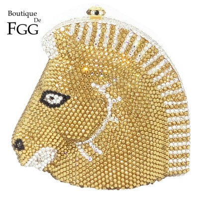 Bling Golden Horse Shape Women Evening Wedding Dinner Crystal Clutch Purse Ladies Hard Case Metal Clutches Shoulder Handbags Bag 