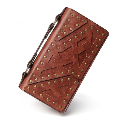 Punk Brown Women Men Clutch Wallets Steampunk Double Zipper Clutches Vintage Long Wallet Money Bag ID/Card Holder Purse