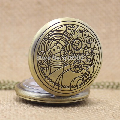 Doctor Who Pocket Watches Beautiful Compass Pattern Vintage Bronze Quartz  Pocket Watch with Chain Necklace for Women and Men