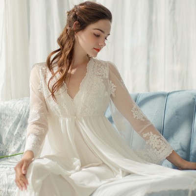 Lace Robe Long Robe Lady White Lace Embroidery Robe and Slip Two Pieces For Women Robe Sleepwear Bride