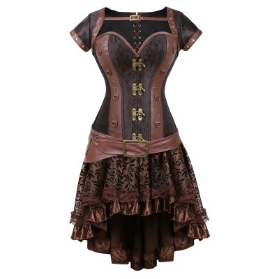 S-6XL Steampunk Corset Dress Burlesque Party Masquerade Gothic Vintage Lace Leather Bustier Overbust Corset Skirt Sets Plus Size