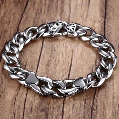 Mprainbow Male Heavy Stainless Steel Mens Fleur de Lis Curb Link Bangles Bracelet for Men Jewelry  8.5-inch