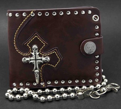 Mens Biker Gothic Skull Cross Brown Leather Wallet Bifold chain Purse 