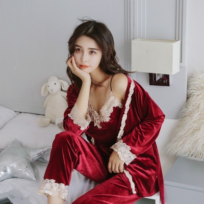 Autumn Winter Warm Pajamas Set Women Sexy Pajamas Sleepwear For Women Sleeveless Strap Nightwear Long Pant Robe