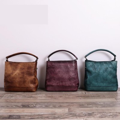 2019 Direct Selling Cotton Soft Women Handbag Handmade Vintage Real Cowhide Bucket Bag Messenger Genuine Leather Shoulder Totes 