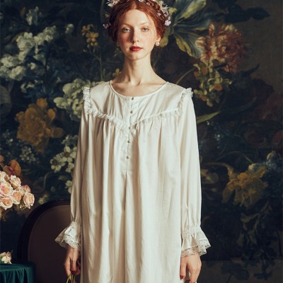 Women Nightgows Retro Elegant Sleepwear Dress Lady Nightgown Vintage Gentlewoman White Nightdress