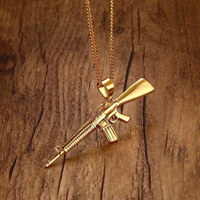 Men Necklaces Gold-color AK-47 Assault Gun Rifle Iced-Out Pendant Necklace Stainless Steel Hiphop Bike Military Fashion Jewelry