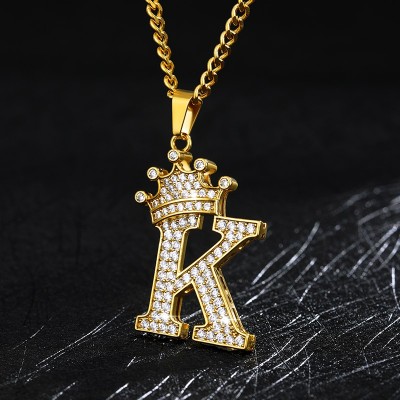 Crystal Zircon Alphabet Pendant Necklaces For Women Men Crown Initial Letter Necklace Hip Hop Gold Chain Jewelry Collier Bijoux