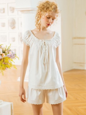 Summer Pajamas Woman Pure Cotton Sleepwear Suit Sweet Lovely Nightshirt Summer Short Sleeve Shorts Pajamas