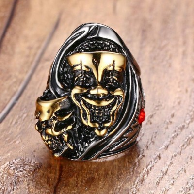 Mens Rings Stainless Steel Vintage Gothic Skull Clown Mask Gold color Band Ring Punk Rock Knight Bike Fashion Jewelry anel