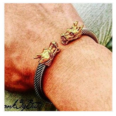 Dragon Accents Thick Cable Cuff Bracelets for Men Stainless Steel Elastic Adjustable Bangle Vintage Male Jewelry Brackelts