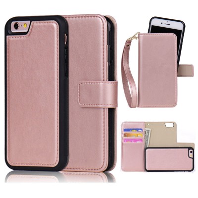 Detachable Leather Wallet Case for iPhone 6 6s Plus 5s 7 SE Girl Rose Gold Pink Black Flip Wallet Case Strap Handbag Phone Bag